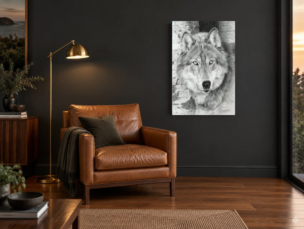 Silver Wolf Timber Watcher animal canvas print on the wall of a charcoal living room