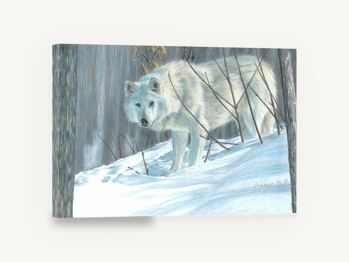 White Wolf in Snow, white wolf winter forest drawing, landscape canvas wall art print ready to hang