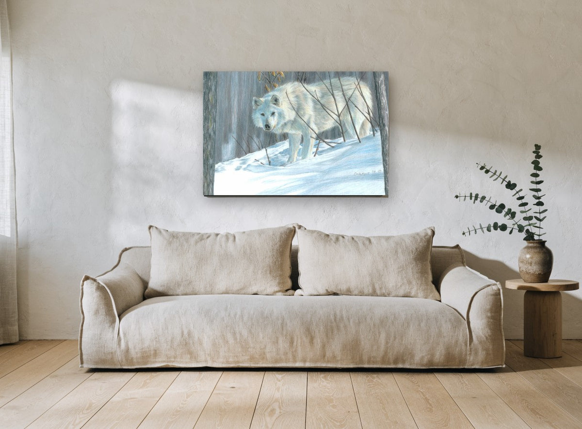 White Wolf in Snow landscape canvas print on the wall of a living room