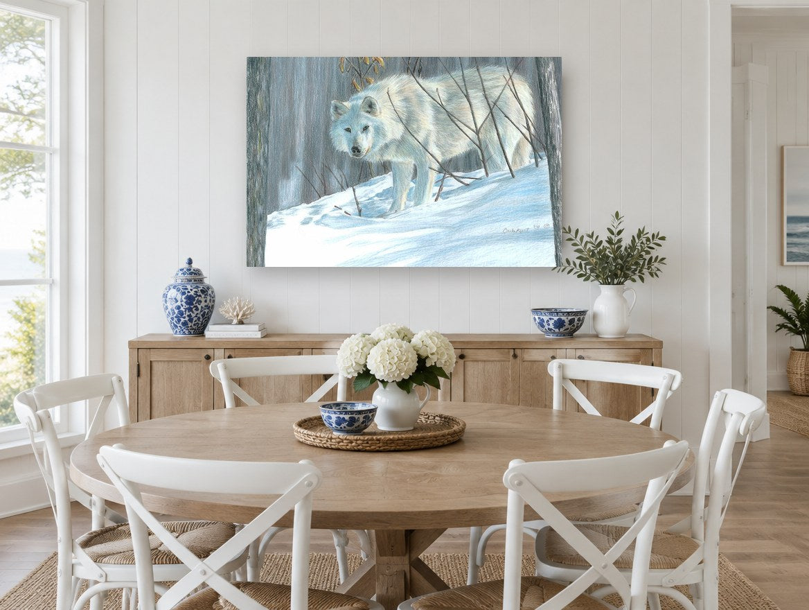 White Wolf in Snow landscape canvas print on the wall of a Hamptons dining room