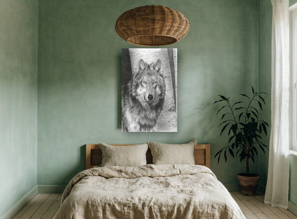 Birch Wood Wolf animal canvas print on the wall of a bedroom