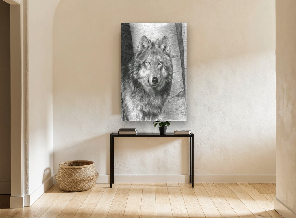 Birch Wood Wolf animal canvas print on the wall of a hallway