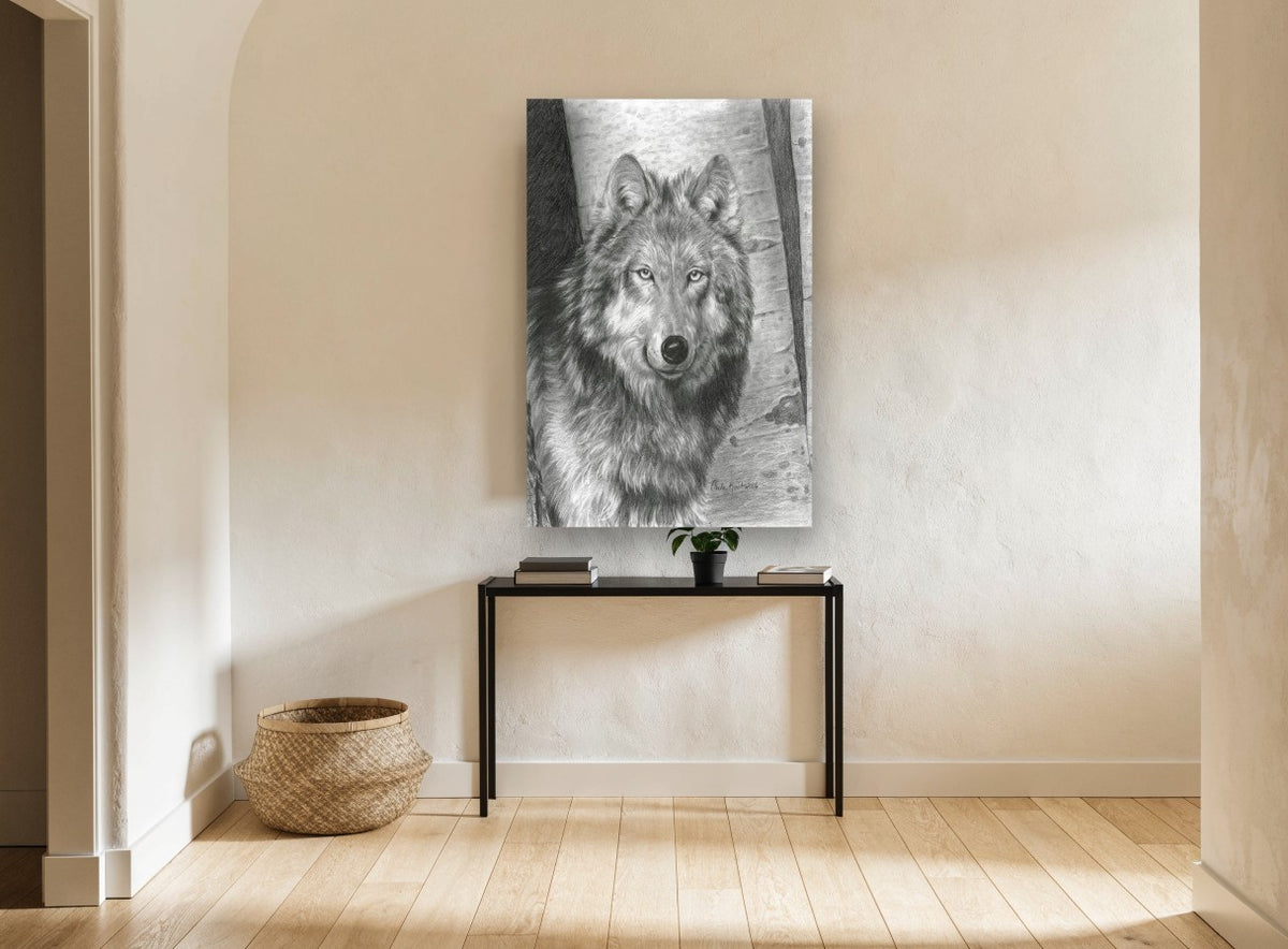 Birch Wood Wolf animal canvas print on the wall of a hallway