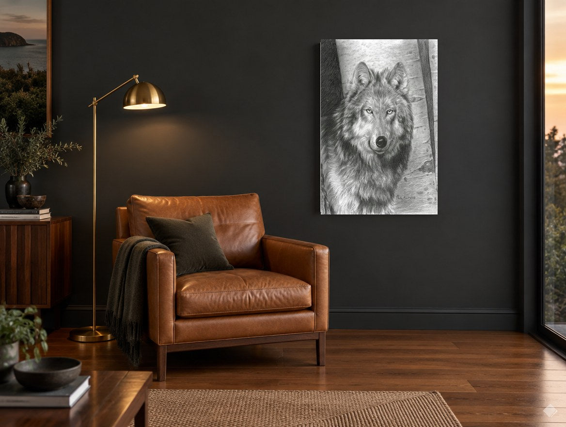 Birch Wood Wolf animal canvas print on the wall of a charcoal living room