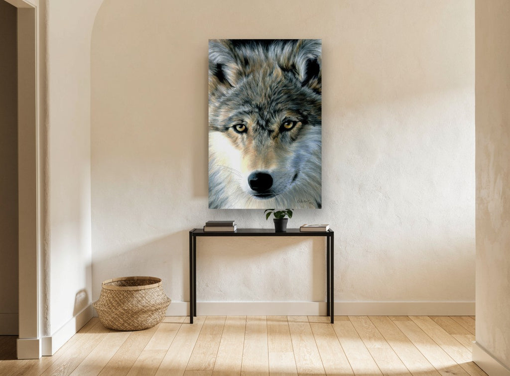 Amber Gaze Wolf animal canvas print on the wall of a hallway