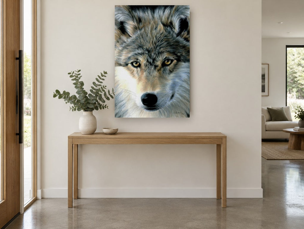 Amber Gaze Wolf animal canvas print on the wall of a entry hall