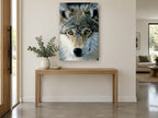 Amber Gaze Wolf animal canvas print on the wall of a entry hall