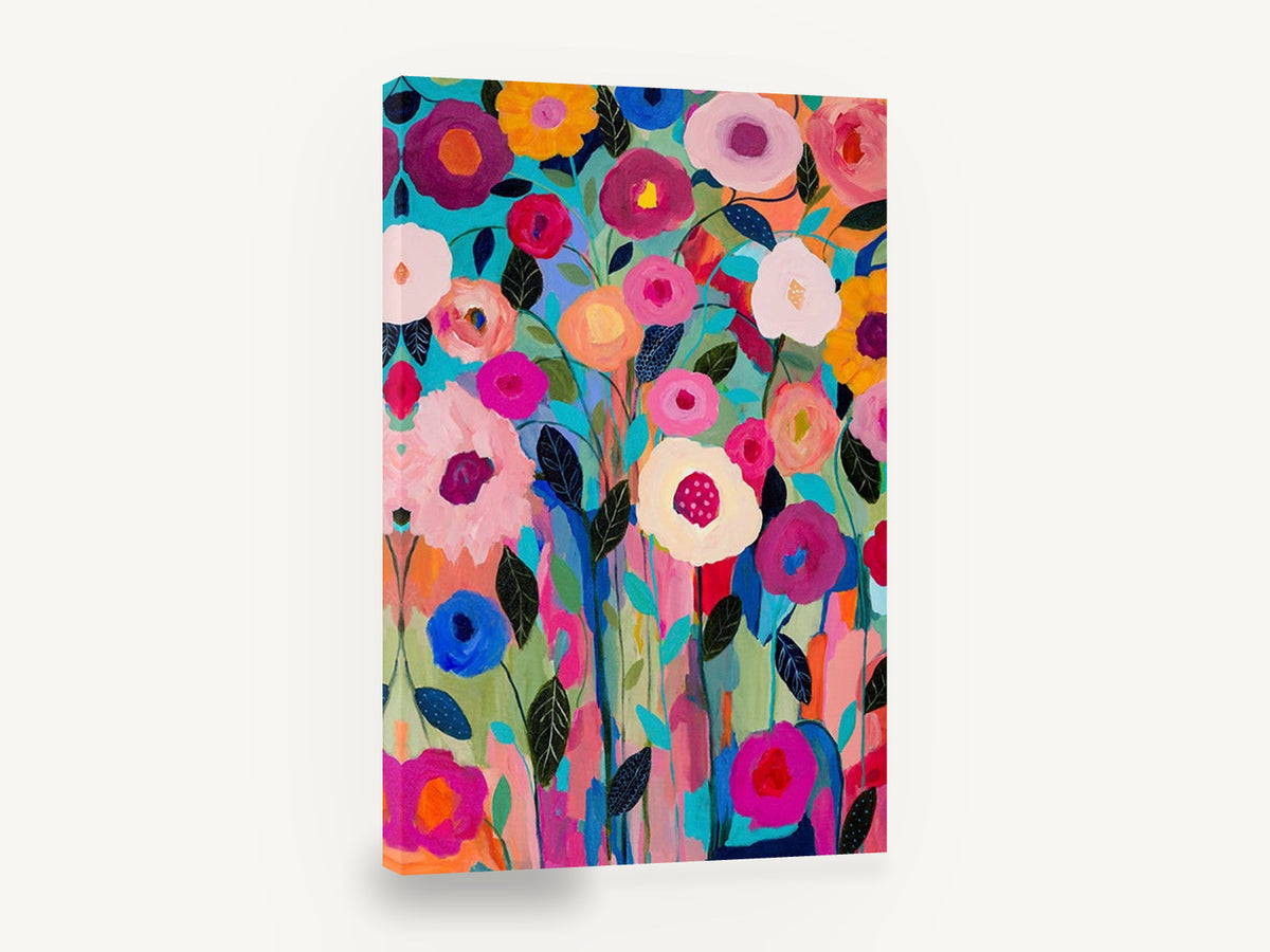 Bright Garden Bloom Chorus, colourful abstract flowers contemporary painting, floral canvas wall art print ready to hang