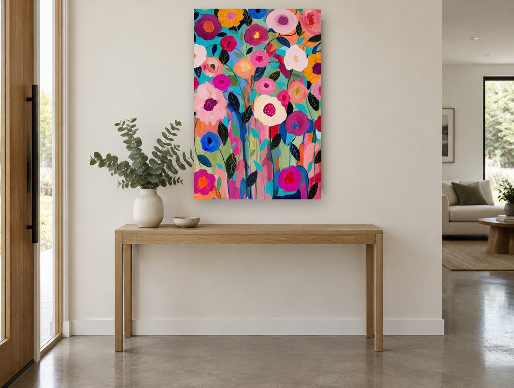 Bright Garden Bloom Chorus floral canvas print on the wall of a entry hall