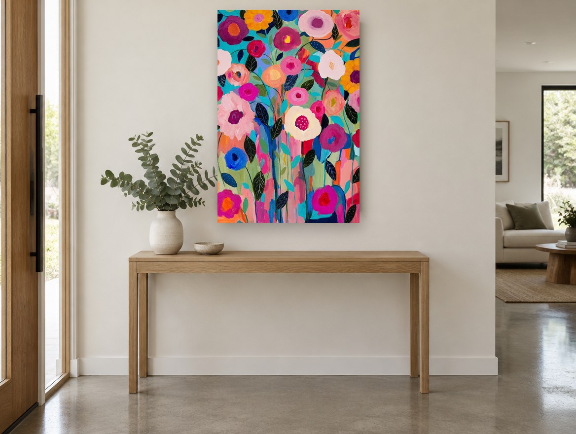 Bright Garden Bloom Chorus floral canvas print on the wall of a entry hall