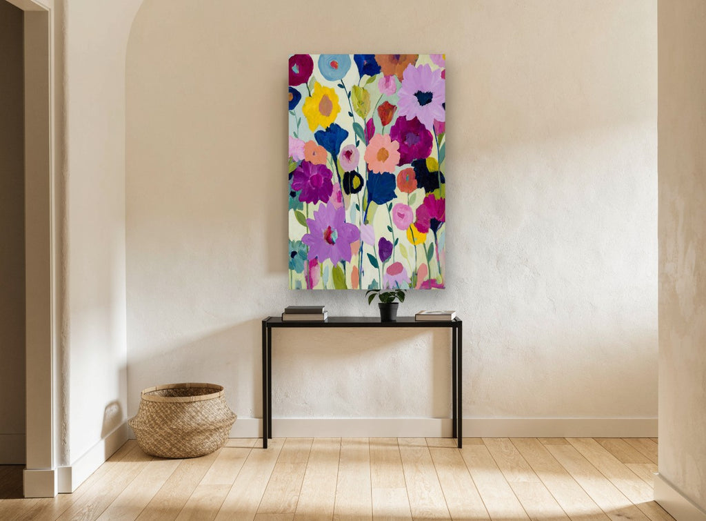Garden of Bold Blooms floral canvas print on the wall of a hallway