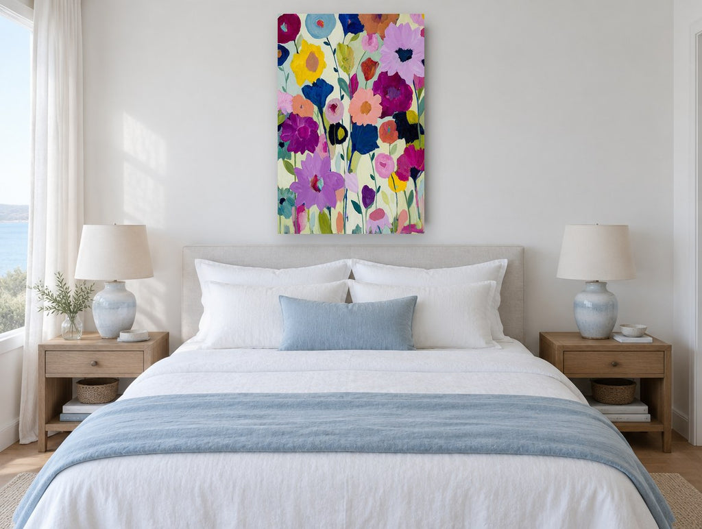 Garden of Bold Blooms floral canvas print on the wall of a coastal bedroom