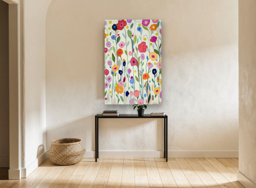 Meadow of Bright Blooms floral canvas print on the wall of a hallway