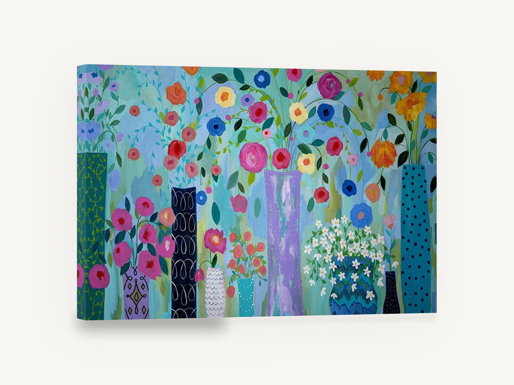 Vases in Bloom, colourful flowers in vases painting, floral canvas wall art print ready to hang