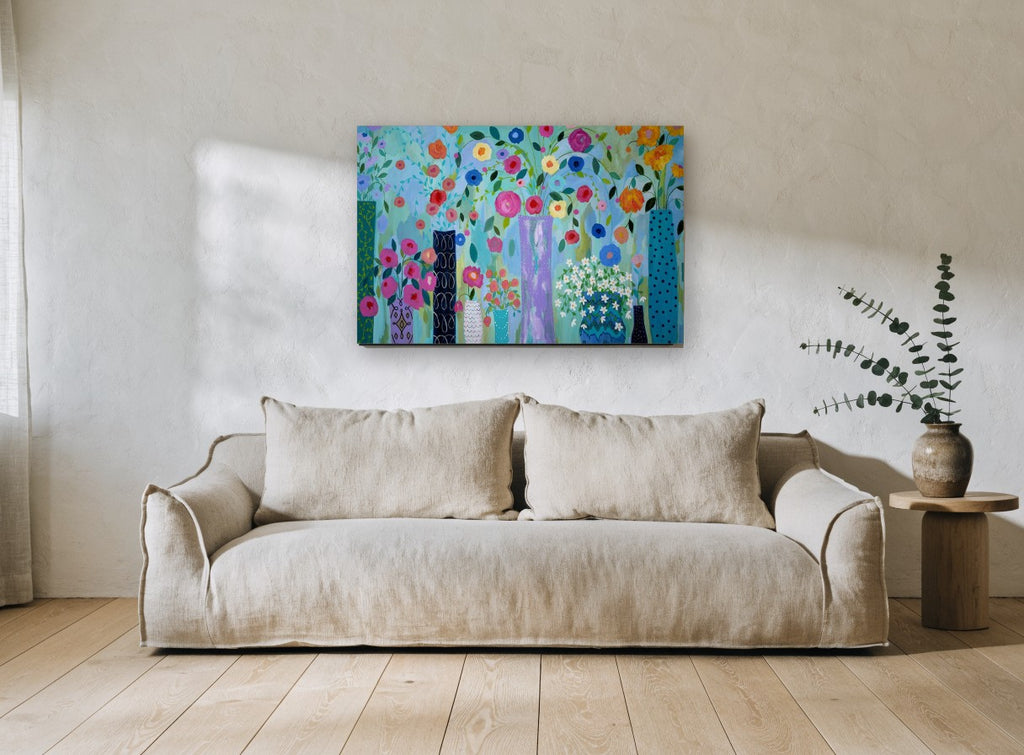 Vases in Bloom floral canvas print on the wall of a living room