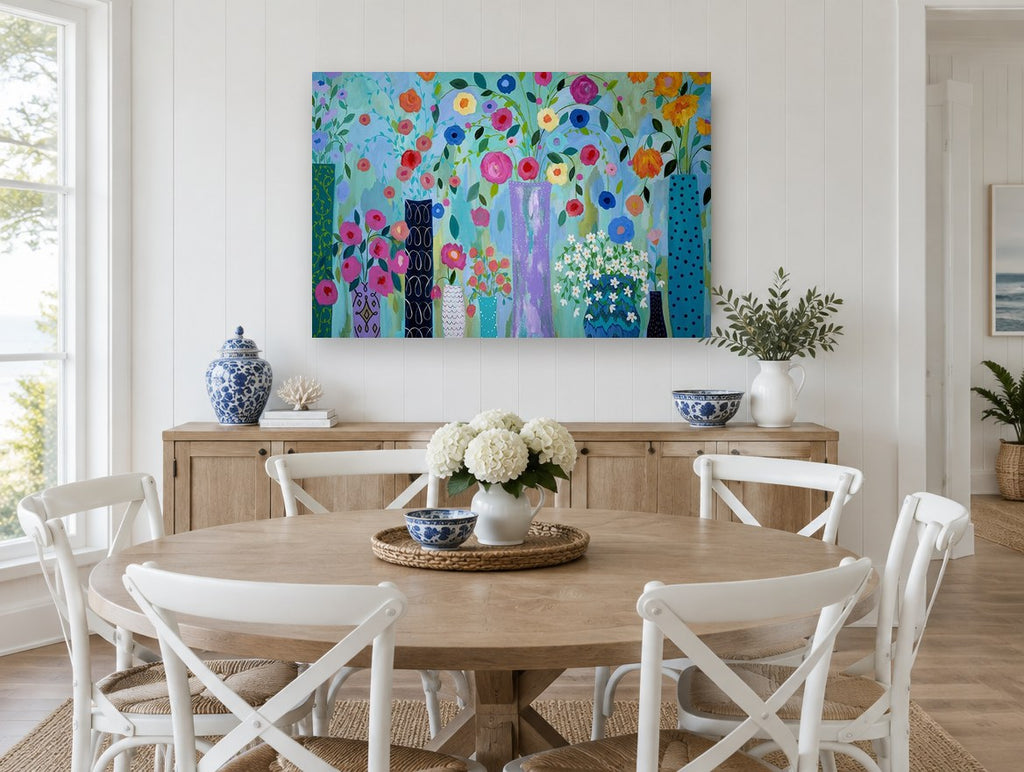 Vases in Bloom floral canvas print on the wall of a Hamptons dining room
