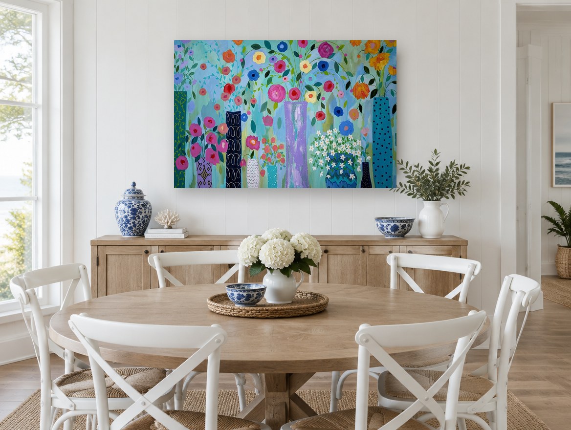 Vases in Bloom floral canvas print on the wall of a Hamptons dining room