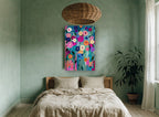 Garden of Bright Blooms floral canvas print on the wall of a bedroom