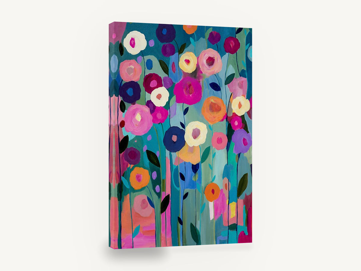 Garden of Bright Blooms, colourful abstract flowers painting style, floral canvas wall art print ready to hang