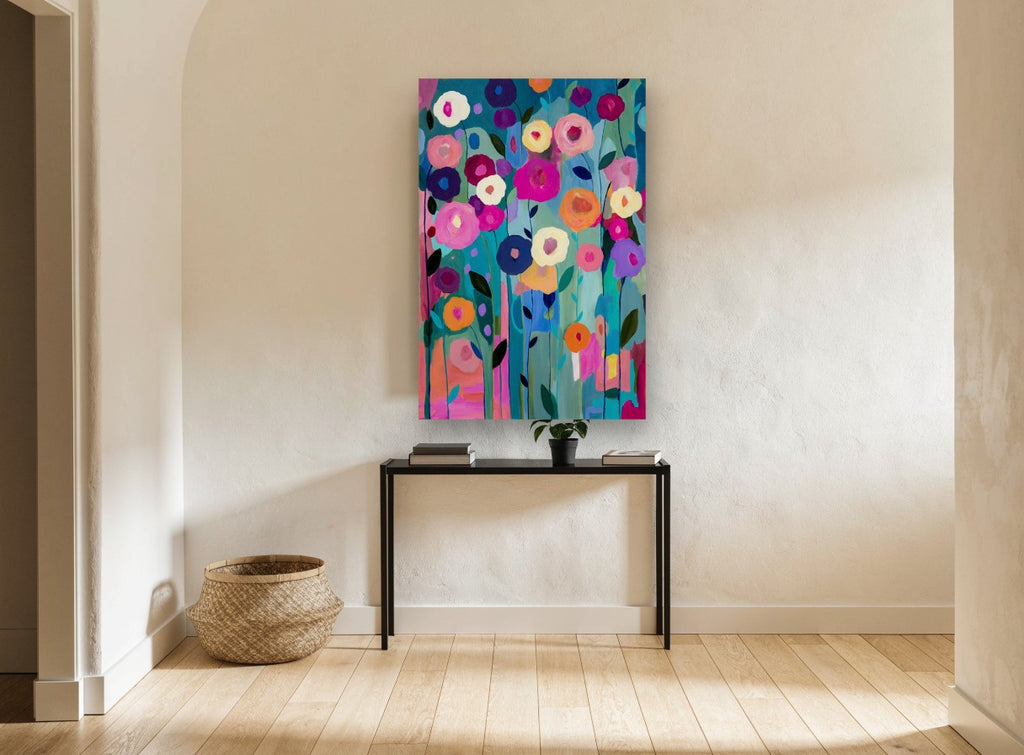 Garden of Bright Blooms floral canvas print on the wall of a hallway