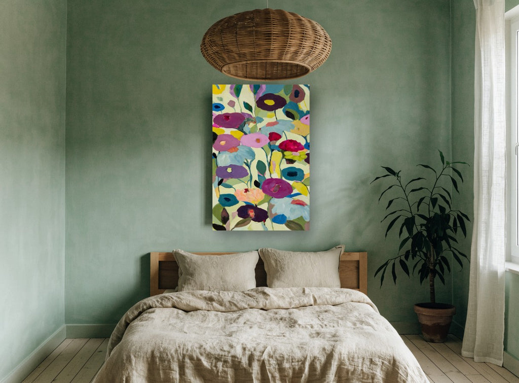 Poppies on Pale Green floral canvas print on the wall of a bedroom