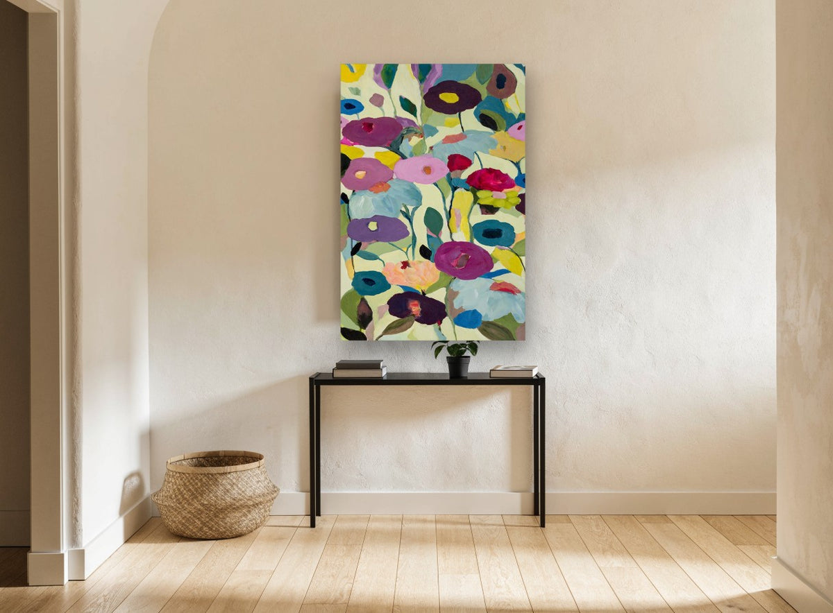 Poppies on Pale Green floral canvas print on the wall of a hallway