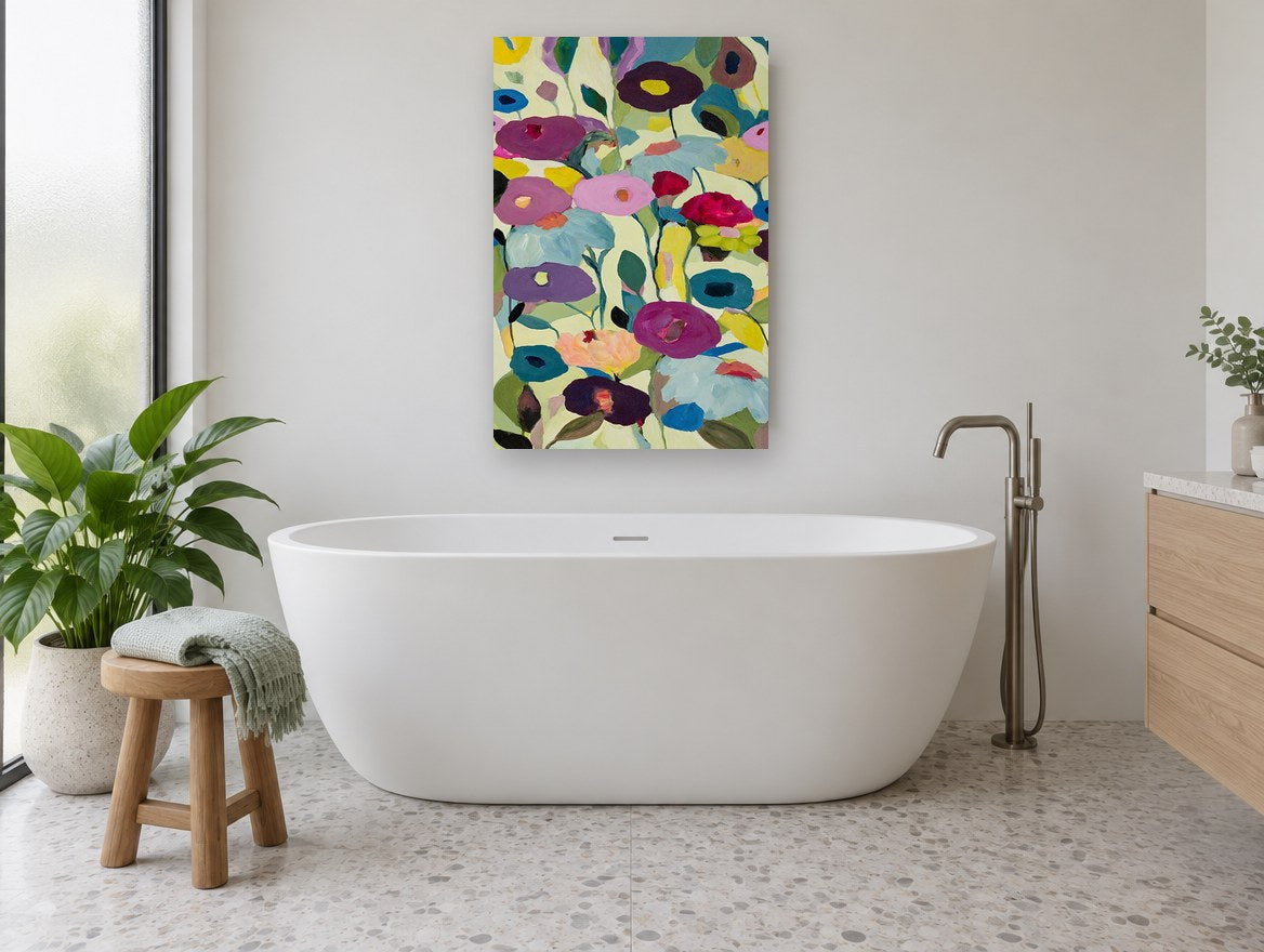 Poppies on Pale Green floral canvas print on the wall of a bathroom