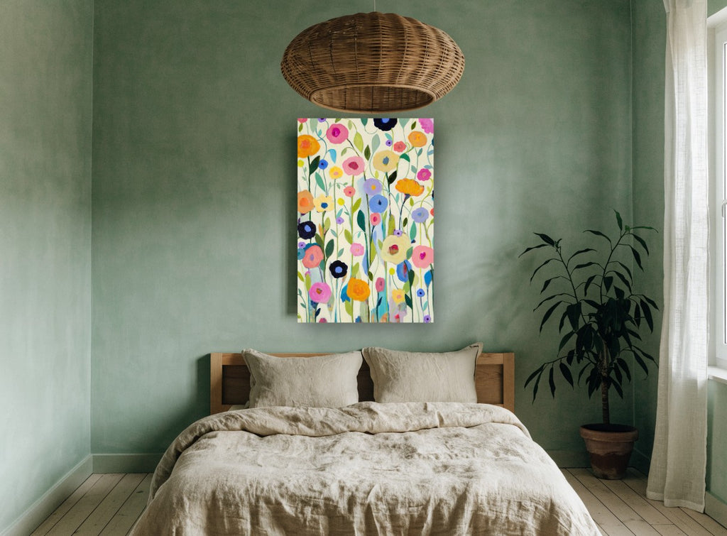 Meadow of Round Blooms floral canvas print on the wall of a bedroom