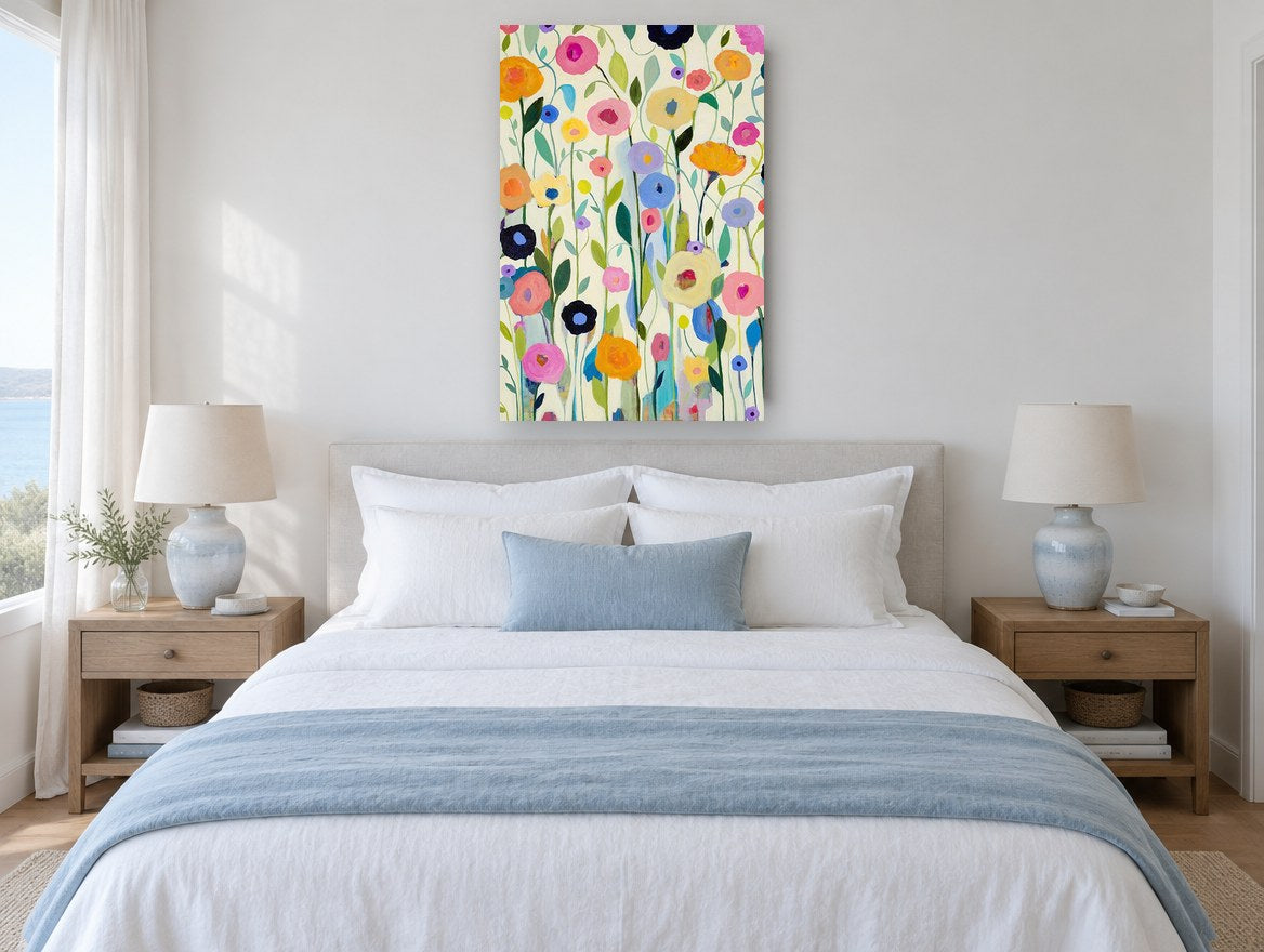 Meadow of Round Blooms floral canvas print on the wall of a coastal bedroom