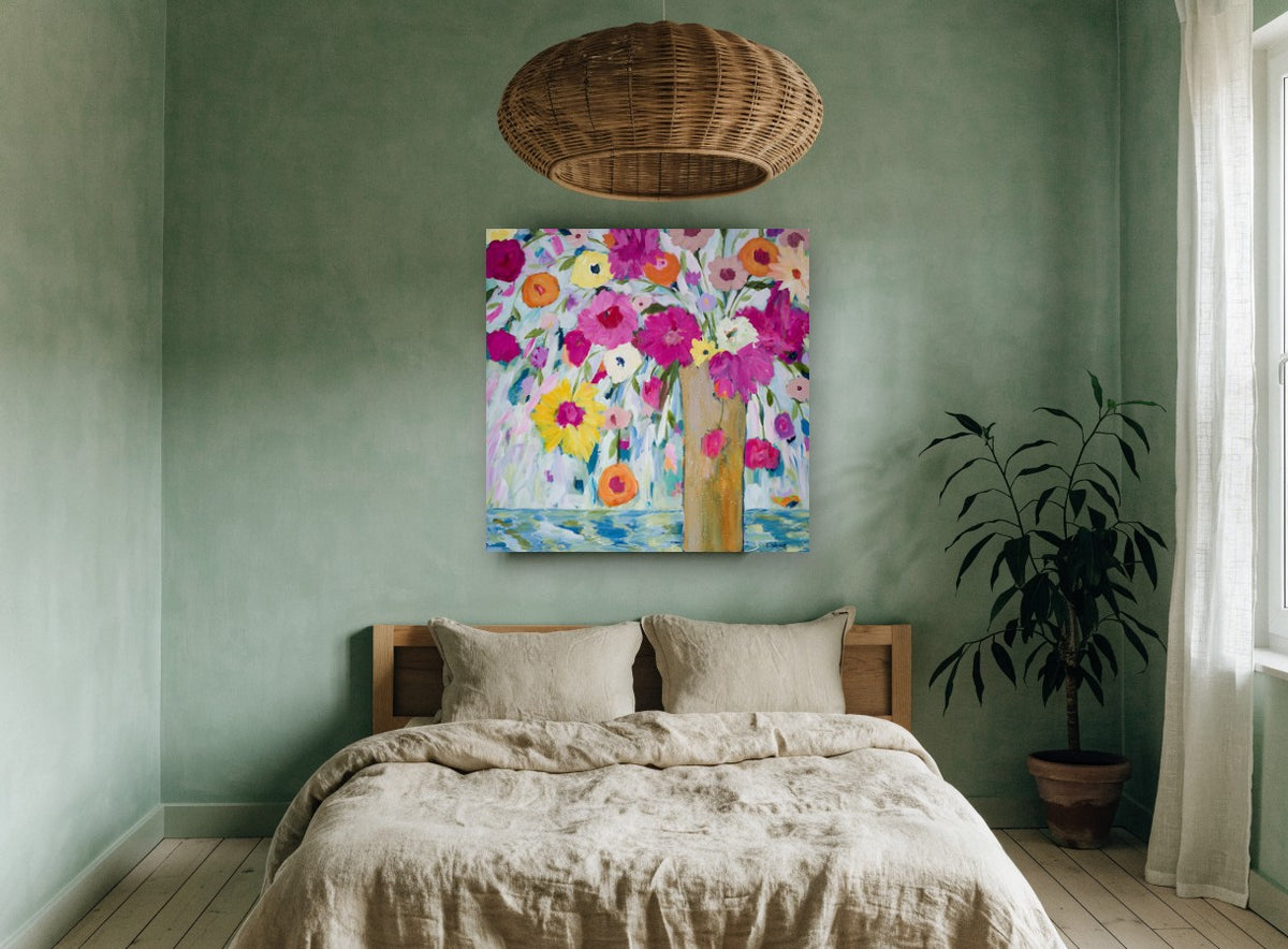 Bright Blooms Tall Vase floral canvas print on the wall of a bedroom