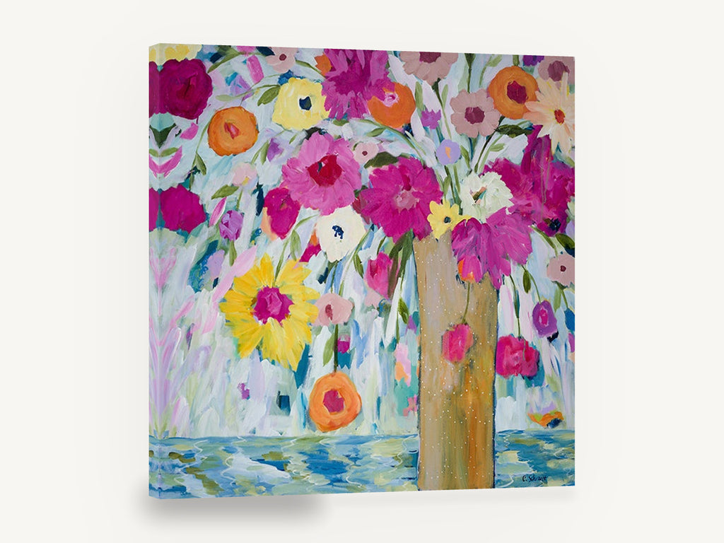 Bright Blooms Tall Vase, colourful abstract flowers in tall vase, floral canvas wall art print ready to hang