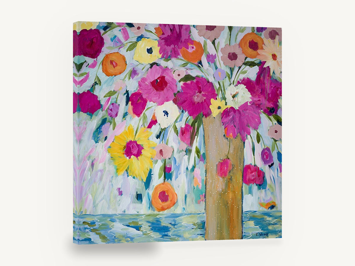 Bright Blooms Tall Vase, colourful abstract flowers in tall vase, floral canvas wall art print ready to hang