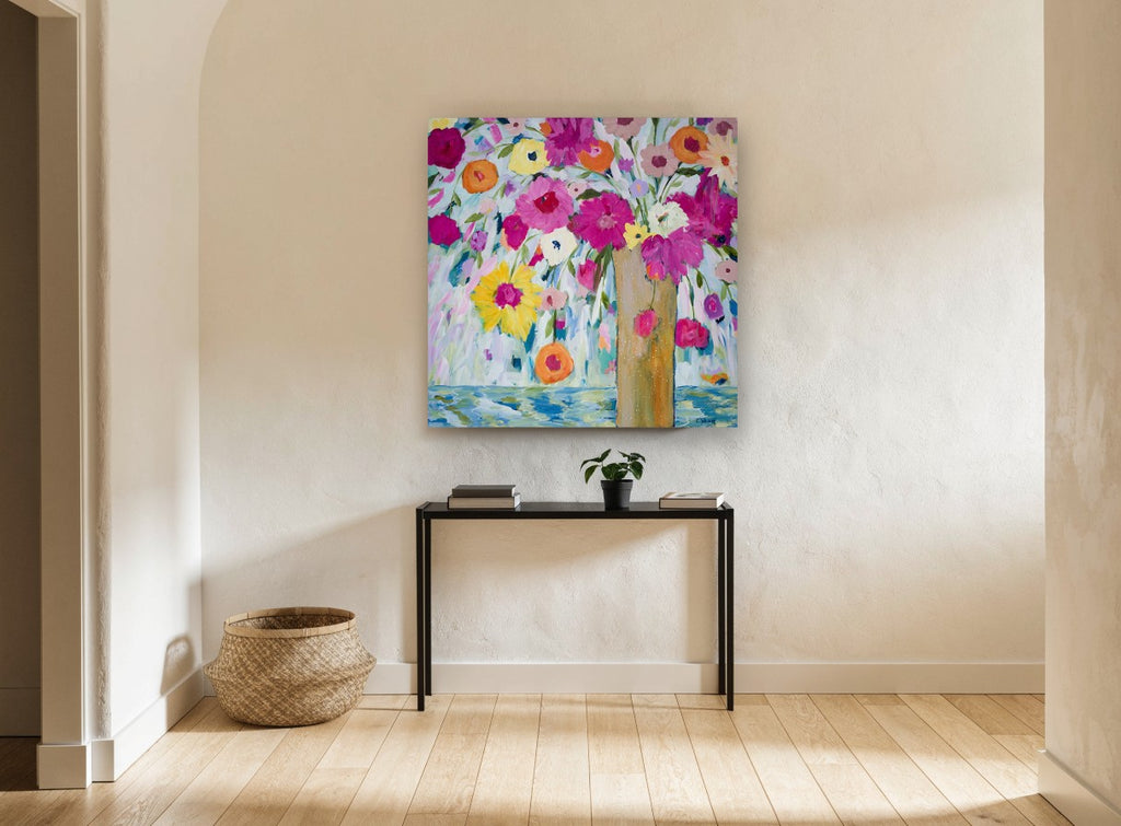 Bright Blooms Tall Vase floral canvas print on the wall of a hallway