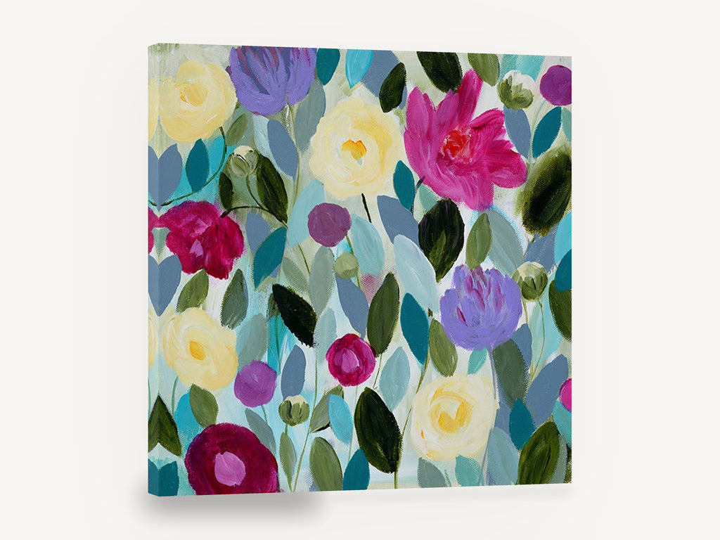 Garden of Soft Blooms, pink purple cream floral acrylic style, floral canvas wall art print ready to hang