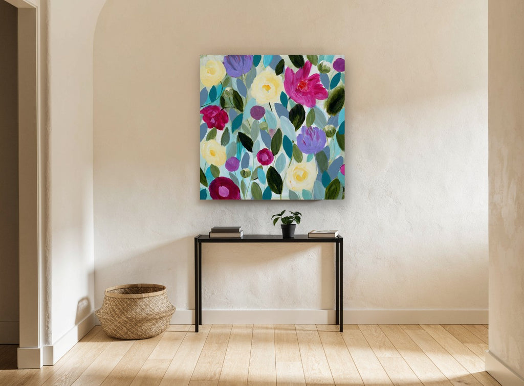 Garden of Soft Blooms floral canvas print on the wall of a hallway