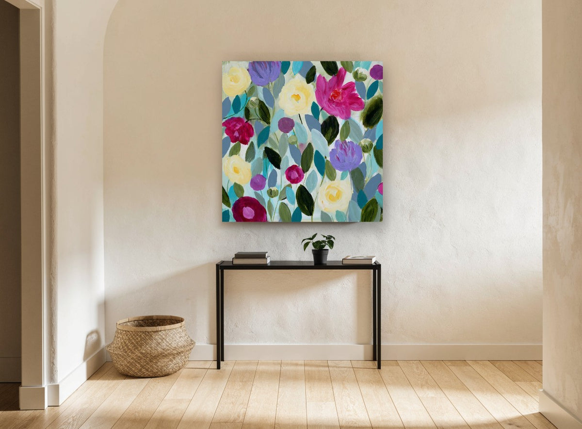 Garden of Soft Blooms floral canvas print on the wall of a hallway