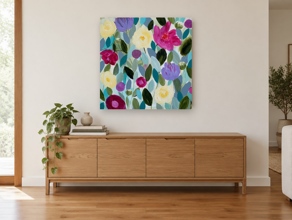 Garden of Soft Blooms floral canvas print on the wall of a living room above a sideboard