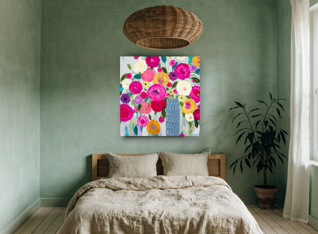Bright Blooms in Blue Vase floral canvas print on the wall of a bedroom