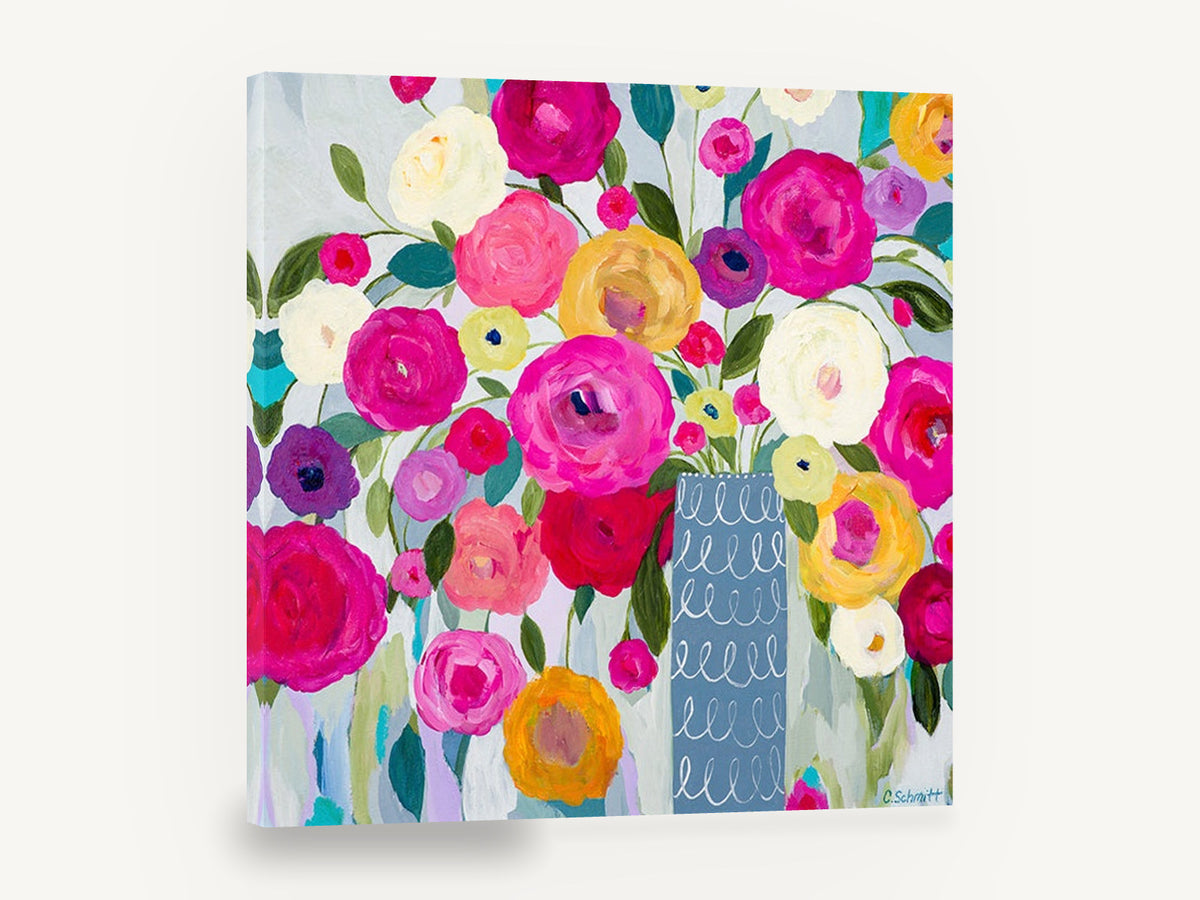 Bright Blooms in Blue Vase, pink yellow flowers blue vase painting, floral canvas wall art print ready to hang