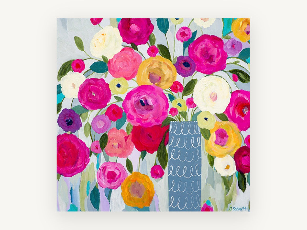 Bright Blooms in Blue Vase, floral canvas wall art print, front view