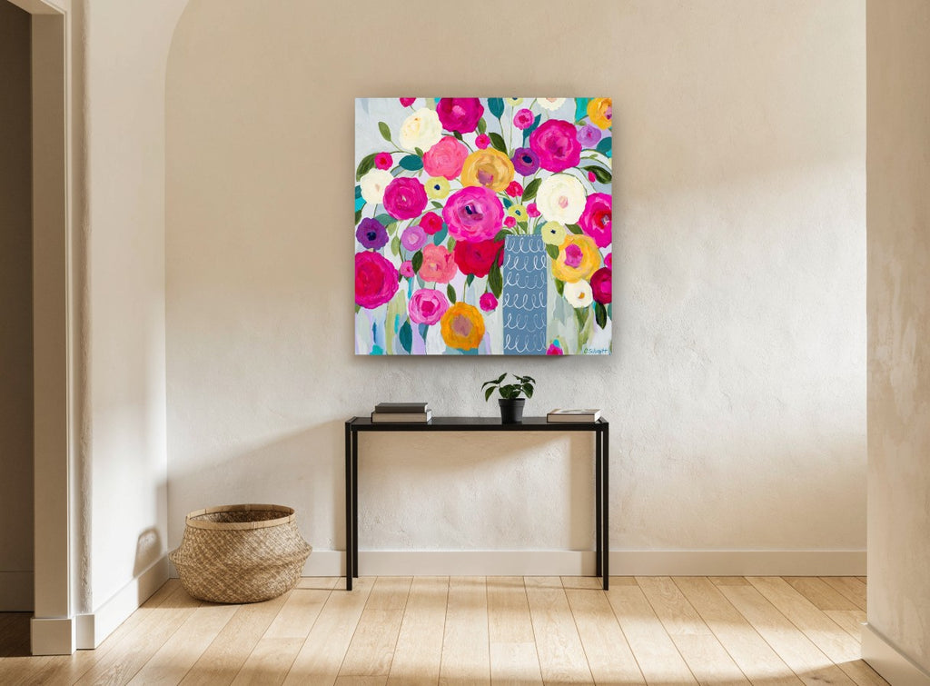 Bright Blooms in Blue Vase floral canvas print on the wall of a hallway