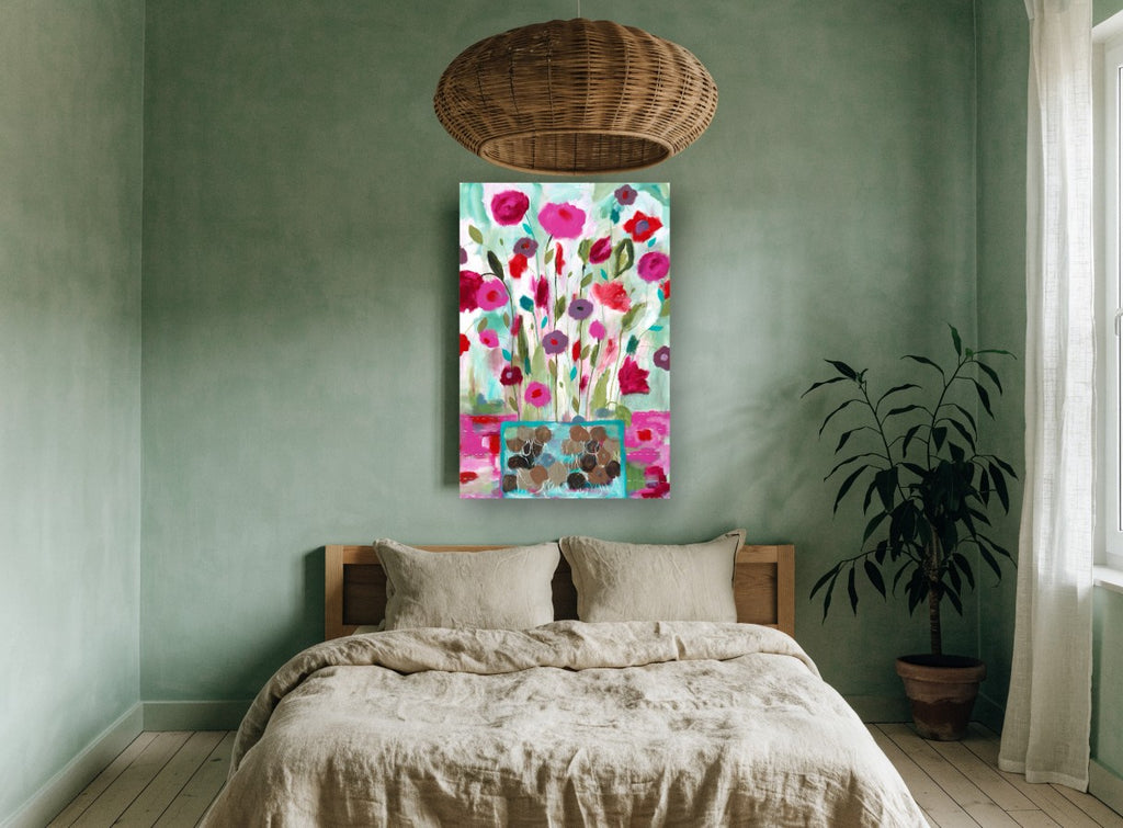 Pink Posies in Teal Vase floral canvas print on the wall of a bedroom
