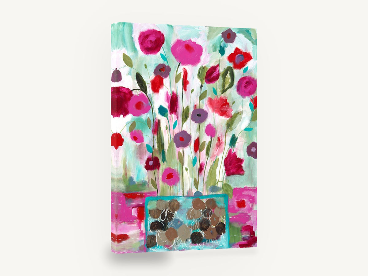 Pink Posies in Teal Vase, pink and red poppies abstract floral, floral canvas wall art print ready to hang
