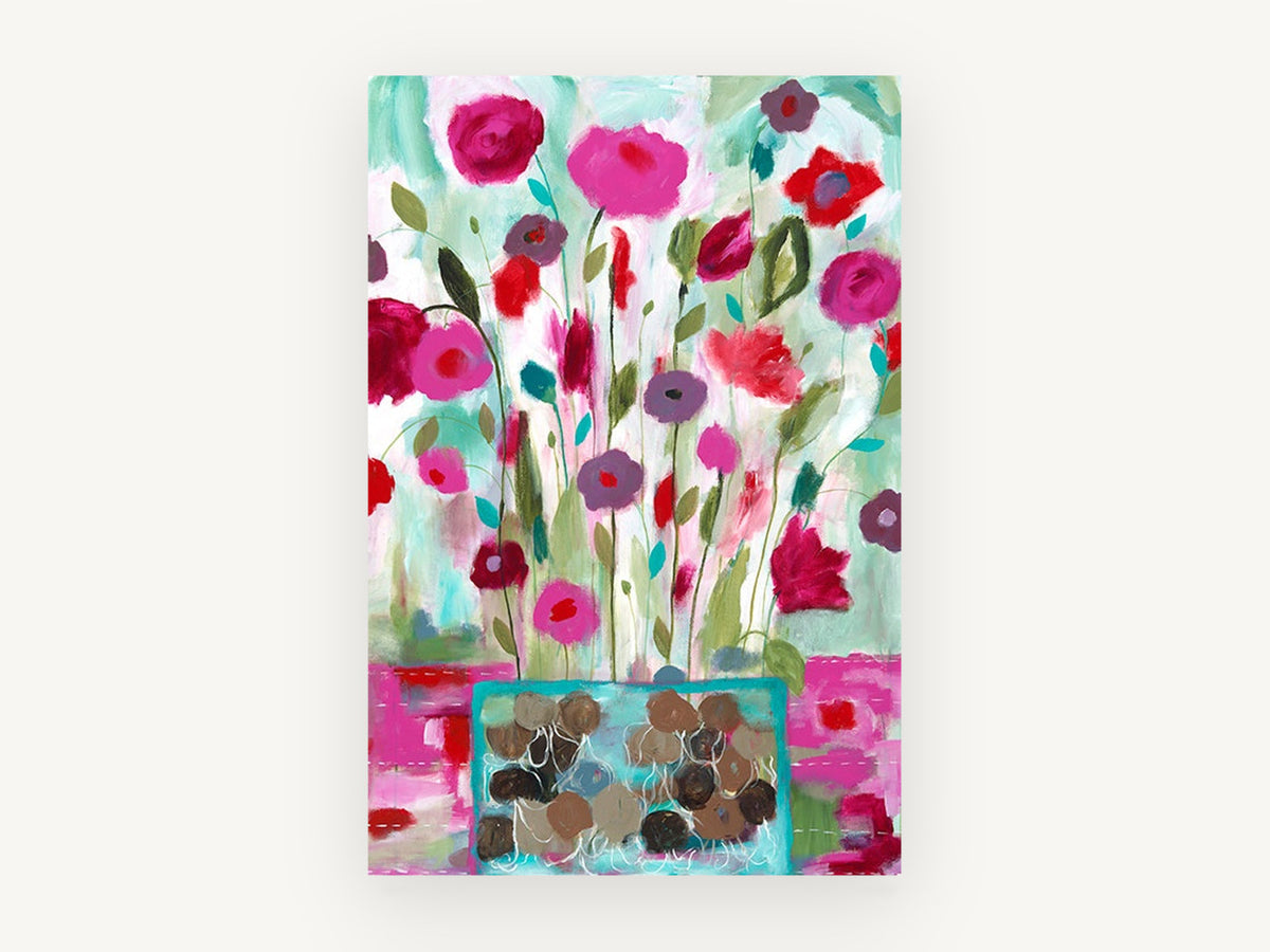 Pink Posies in Teal Vase, floral canvas wall art print, front view
