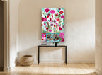 Pink Posies in Teal Vase floral canvas print on the wall of a hallway