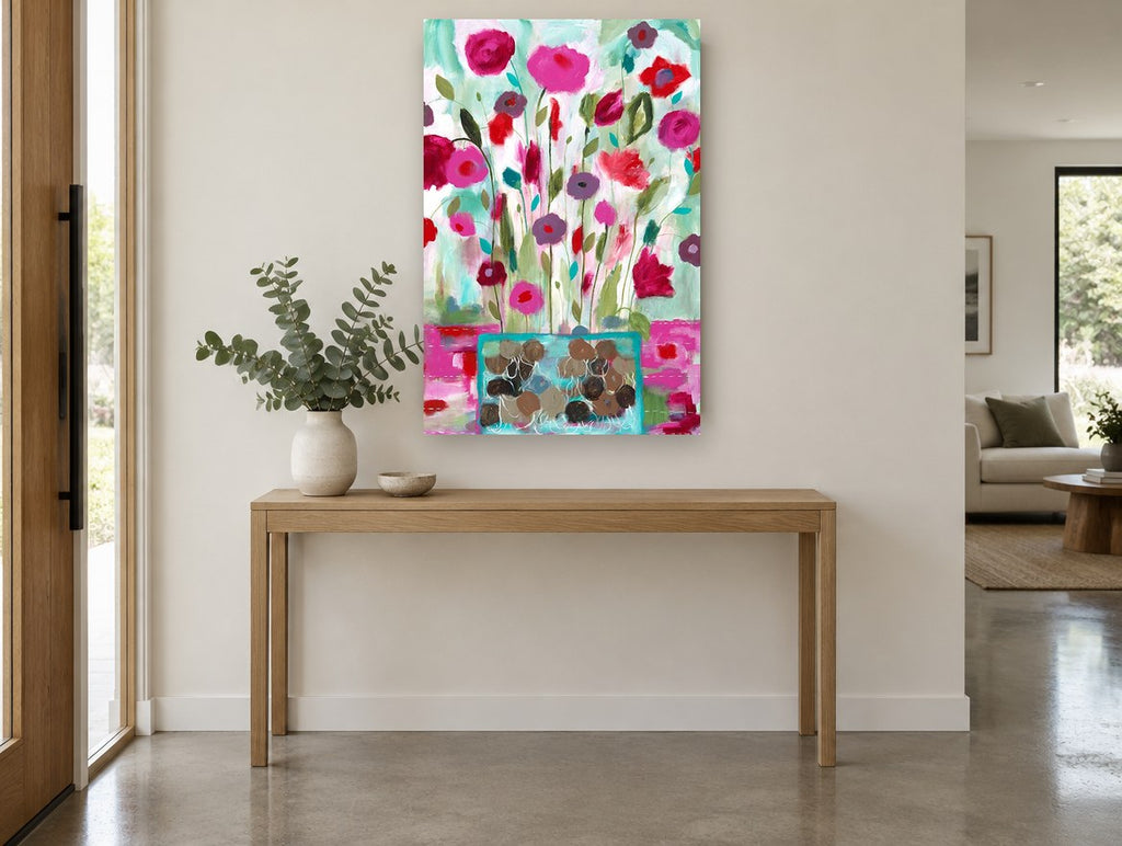 Pink Posies in Teal Vase floral canvas print on the wall of a entry hall