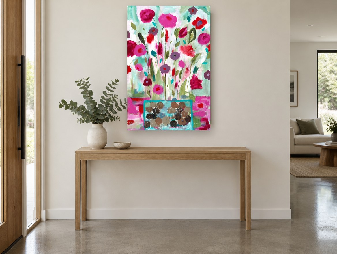 Pink Posies in Teal Vase floral canvas print on the wall of a entry hall