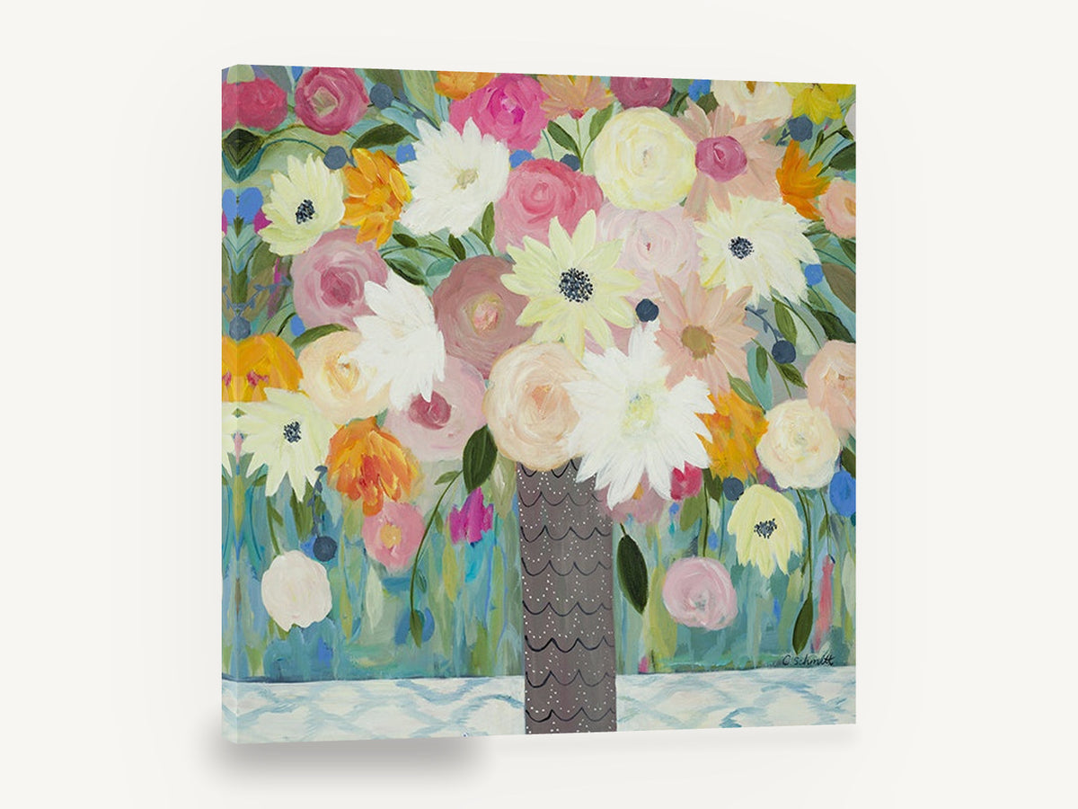Scalloped Vase Bouquet, pink and cream floral bouquet painting, floral canvas wall art print ready to hang