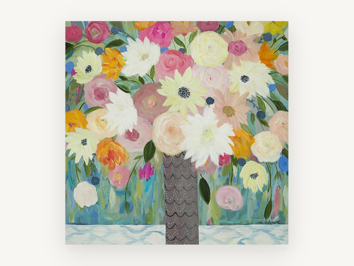 Scalloped Vase Bouquet, floral canvas wall art print, front view