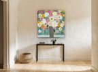 Scalloped Vase Bouquet floral canvas print on the wall of a hallway